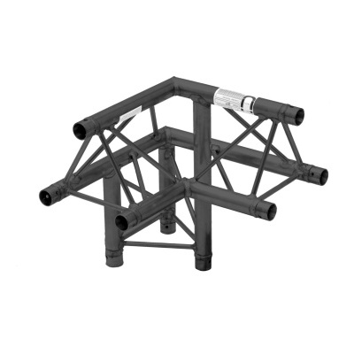 Estrutura metálica preta em formato de canto com tubos cilíndricos e travessas diagonais