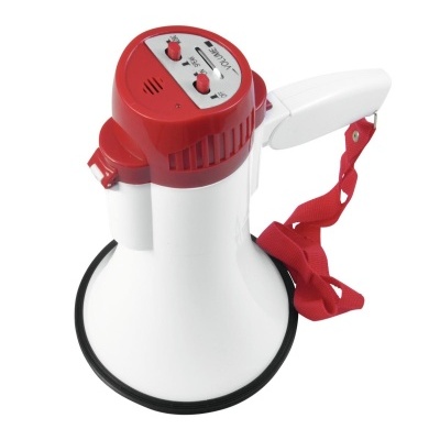 Megafone branco e vermelho com alça vermelha