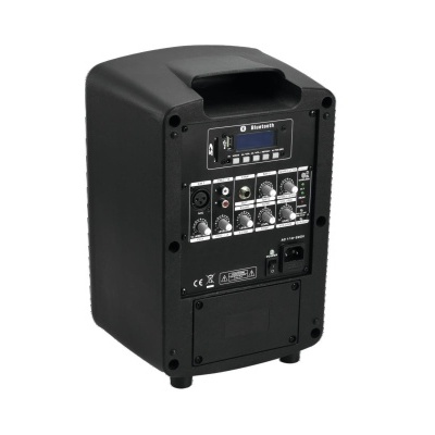 Coluna de som preta com painel de controlo e entradas traseiras