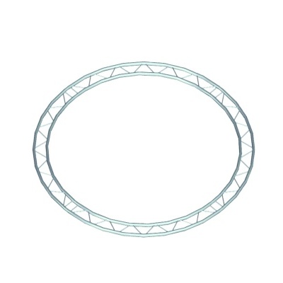 Estrutura circular metálica prateada em treliça sobre fundo branco
