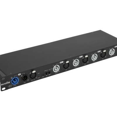 Interface áudio rack preta com entradas XLR e conectores azuis