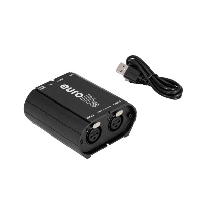 Interface de áudio EuroLite ALF USB preta com cabo USB.