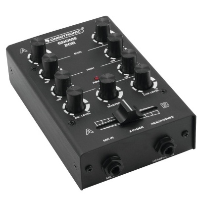 Mixer de áudio preto DANITRONIC GNOME 202 com botões rotativos e legendas brancas em fundo branco