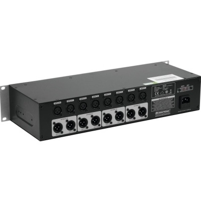 Equipamento eletrónico preto com conectores de áudio para montagem em rack