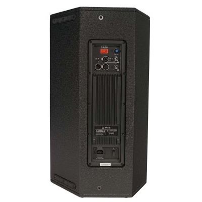 Coluna de som preta com painel traseiro e visor digital