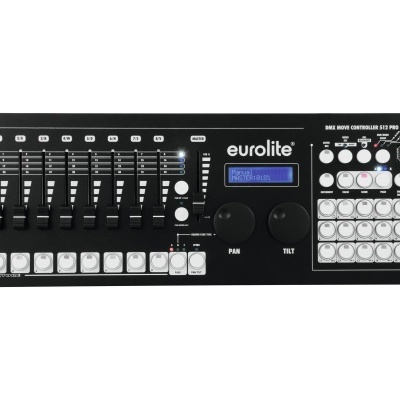 Mesa de controlo eurolite DMX 192 preta com sliders, botões brancos e visor digital azul