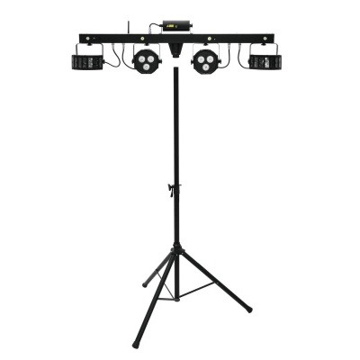 Estrutura tripé preta com luzes de palco e controlador