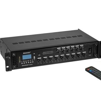 Amplificador de áudio preto com visor digital e comando remoto