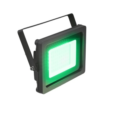 Refletor LED quadrado preto com luz verde ligada em fundo branco