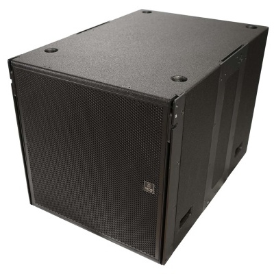 Coluna de som profissional preta com grelha frontal