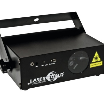 Laser preto da marca LASERWORLD com suporte e aviso de laser