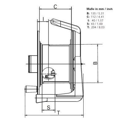Desenho técnico de peça mecânica com medidas em mm e polegadas