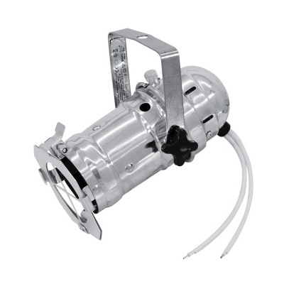 Luz de palco em metal prateado com suporte de fixação e fios elétricos brancos