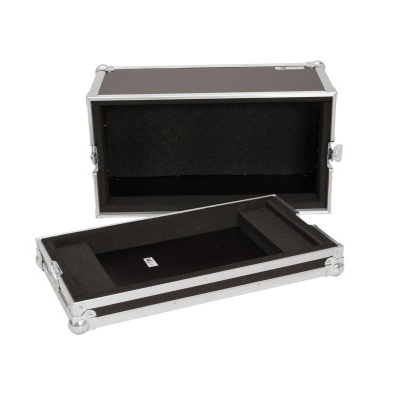 Caixa de transporte preta com estrutura metálica prateada aberta, interior acolchoado em espuma preta