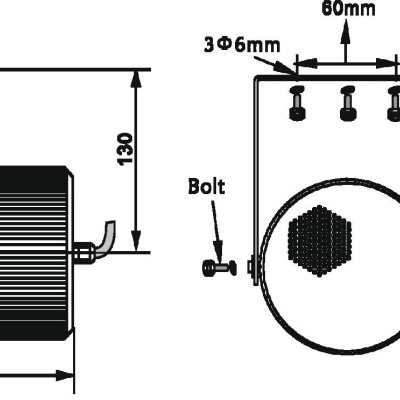 Desenho técnico de projetor cilíndrico preto com alça e medidas em milímetros.