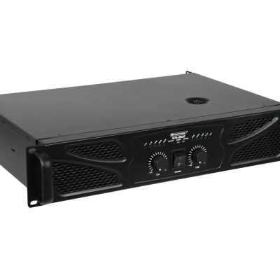 Amplificador de áudio profissional preto com botões de controlo frontais