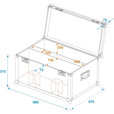 Mala de transporte branca aberta com compartimentos internos e medidas indicadas