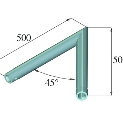 Tubo metálico em forma de L com medidas 500 e ângulo de 45 graus