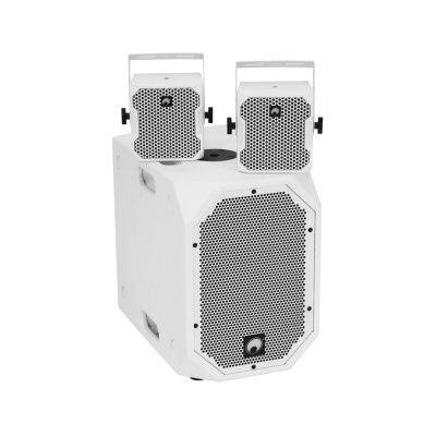 Coluna de som branca com três altifalantes e grelha perfurada