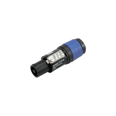 Conector elétrico preto e azul com texto 'Neutrik Powercon'