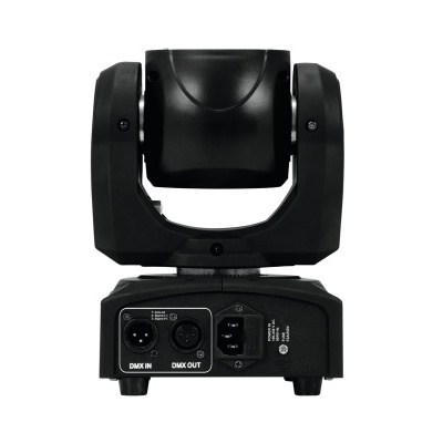 Cabeça móvel LED preta para iluminação cênica com conetores e interruptor na parte traseira