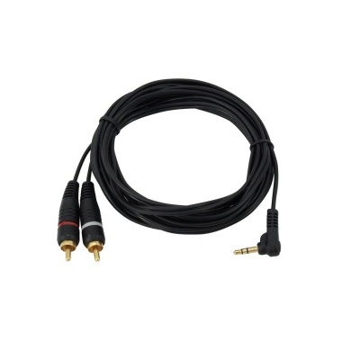 Cabo de áudio com conetor jack 3.5mm e dois RCA vermelho e branco, cabo preto