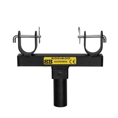 Suporte metálico preto com dois ganchos e etiqueta amarela