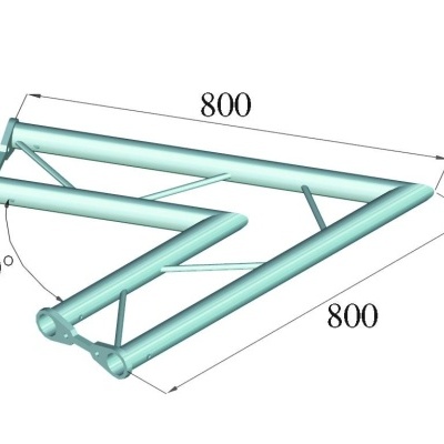 Estrutura metálica triangular azul clara com dimensões e ângulo marcados
