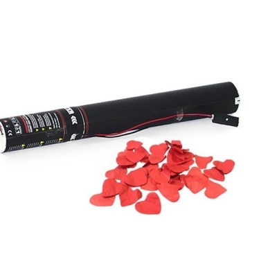 Tubo preto com texto e confetes vermelhos em forma de coração