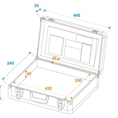 Desenho técnico de mala de transporte com medidas em milímetros