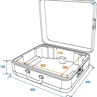 Maleta aberta com medidas desenhadas no interior e exterior.