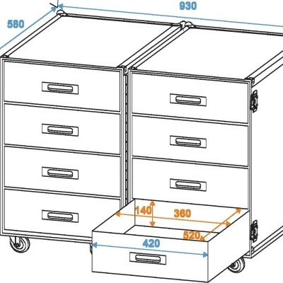 Desenho técnico de duas gavetas brancas em estrutura com rodas e várias medidas em milímetros