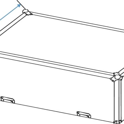 Desenho técnico de uma mala ou caixa retangular com pegas e cantos reforçados.