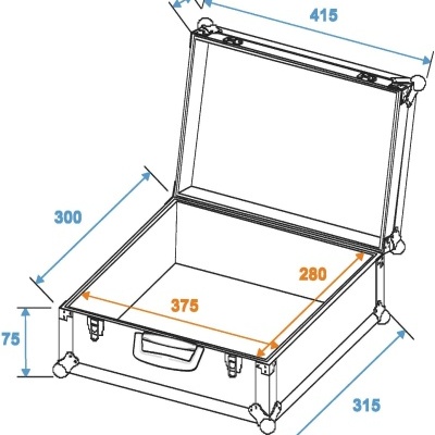 Mala retangular cinza aberta com alça preta e fechos metálicos