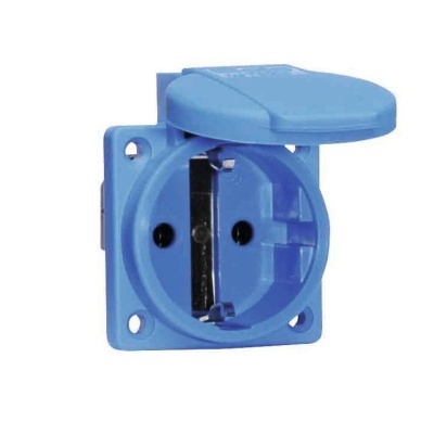 Tomada eléctrica embutida azul com tampa articulada