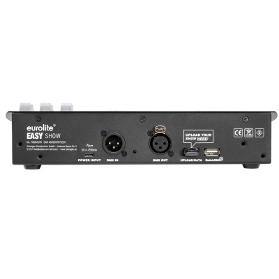 Painel traseiro de equipamento áudio Eurolite Easy Show com entradas e etiquetas visíveis