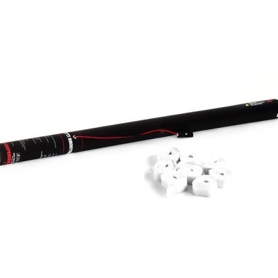 Tubo preto cilíndrico com texto e tampões auriculares brancos