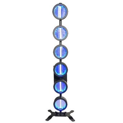 Lâmpada de luz LED azul com cinco discos circulares numa estrutura preta