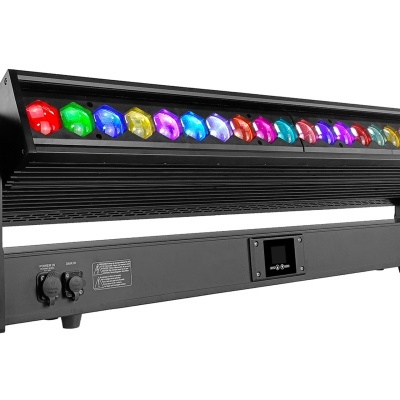 Projetor de luz LED multicolorido com 18 LEDs alinhados numa barra preta.