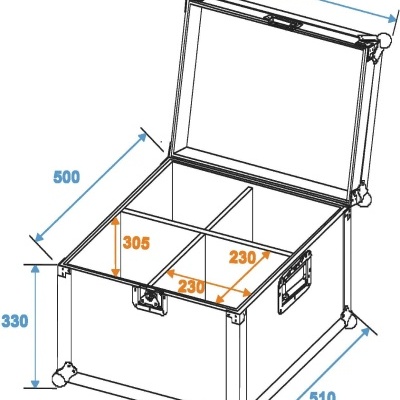 Caixa quadrada com tampa aberta, medidas técnicas e divisórias internas