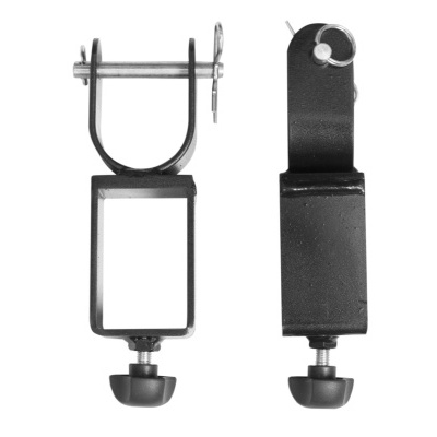 Dois suportes metálicos pretos com mecanismo de fixação e parafuso de aperto