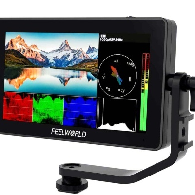 Monitor portátil FeelWorld com ecrã a cores e suporte ajustável preto