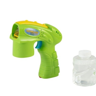 Pistola de bolhas de sabão verde com frasco de líquido transparente