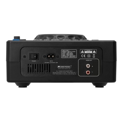 Parte traseira de dispositivo eletrónico preto com conetores e etiquetas