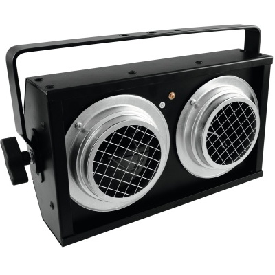 Luz de palco preta com duas lentes prateadas e grelhas metálicas