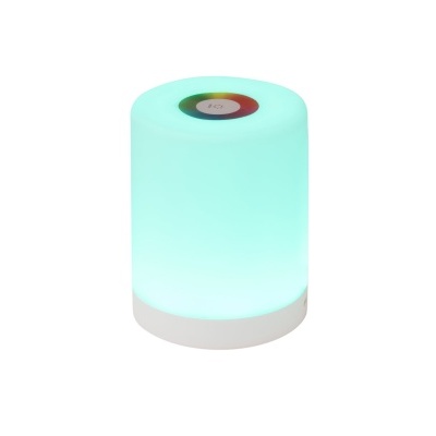 Luminária LED cilíndrica com luz azul esverdeada e botão colorido no topo