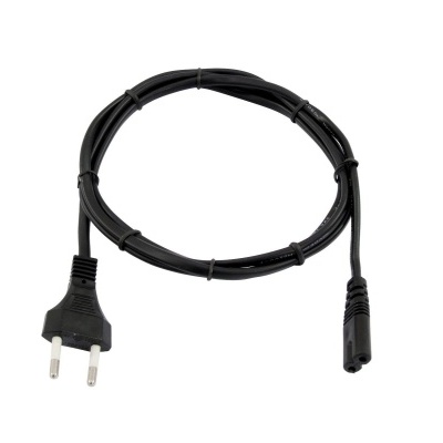 Cabo elétrico preto com ficha de tomada europeia de dois pinos e conector de entrada