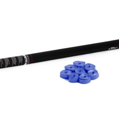 Kit com tubo preto e várias bobinas azuis sobre fundo branco