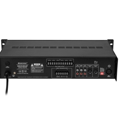 Amplificador de som Pioneer preto visto de trás com conectores e botões
