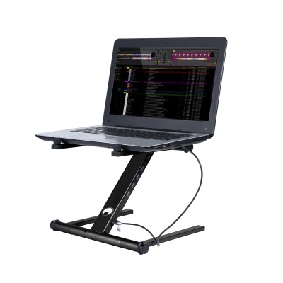 Suporte de computador portátil metálico preto com computador portátil cinzento